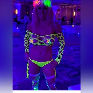 Neon, yellow mesh top and tie, side, panties worn for an event